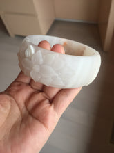 Load image into Gallery viewer, 62mm 100% natural white light Pink carved flowers Quartzite (Shetaicui jade) bangle XY114