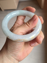 Load image into Gallery viewer, 56.5mm 100% Natural type A icy watery green/blue carved and golden-painted chubby round cut Jadeite Jade bangle PC75