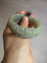 Load image into Gallery viewer, 53mm 100% natural light green/gray Quartzite (Shetaicui jade) 3D carved Magpie and Peony bangle XY62