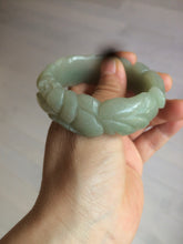 Load image into Gallery viewer, 53mm 100% natural light green/gray Quartzite (Shetaicui jade) 3D carved Magpie and Peony bangle XY62