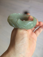 Load image into Gallery viewer, 53mm 100% natural light green/gray Quartzite (Shetaicui jade) 3D carved Magpie and Peony bangle XY62