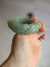 Load image into Gallery viewer, 53mm 100% natural light green/gray Quartzite (Shetaicui jade) 3D carved Magpie and Peony bangle XY62