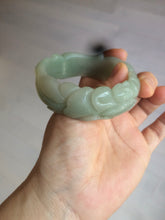 Load image into Gallery viewer, 53mm 100% natural light green/gray Quartzite (Shetaicui jade) 3D carved Magpie and Peony bangle XY62