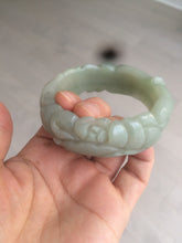 Load image into Gallery viewer, 53mm 100% natural light green/gray Quartzite (Shetaicui jade) 3D carved Magpie and Peony bangle XY62