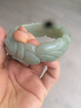 Load image into Gallery viewer, 53mm 100% natural light green/gray Quartzite (Shetaicui jade) 3D carved Magpie and Peony bangle XY62