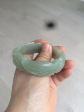 Load image into Gallery viewer, 53mm 100% natural light green/gray Quartzite (Shetaicui jade) 3D carved Magpie and Peony bangle XY62