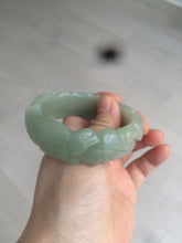 Load image into Gallery viewer, 53mm 100% natural light green/gray Quartzite (Shetaicui jade) 3D carved Magpie and Peony bangle XY62