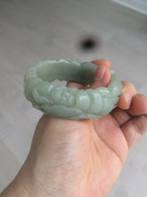 Load image into Gallery viewer, 53mm 100% natural light green/gray Quartzite (Shetaicui jade) 3D carved Magpie and Peony bangle XY62