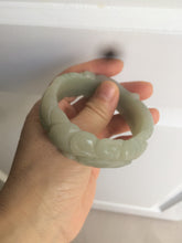 Load image into Gallery viewer, 53mm 100% natural light green/gray Quartzite (Shetaicui jade) 3D carved Magpie and Peony bangle XY62