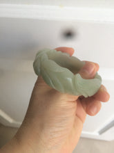 Load image into Gallery viewer, 53mm 100% natural light green/gray Quartzite (Shetaicui jade) 3D carved Magpie and Peony bangle XY62
