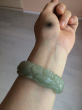 Load image into Gallery viewer, 53mm 100% natural light green/gray Quartzite (Shetaicui jade) 3D carved Magpie and Peony bangle XY62
