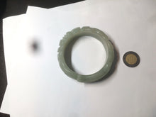 Load image into Gallery viewer, 53mm 100% natural light green/gray Quartzite (Shetaicui jade) 3D carved Magpie and Peony bangle XY62