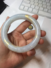 Load image into Gallery viewer, 56.5mm 100% Natural type A icy watery green/blue carved and golden-painted chubby round cut Jadeite Jade bangle PC75