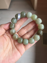 Load image into Gallery viewer, 14x13mm 100% Natural light green/gray/brown with brown flying dandelions vintage style nephrite Jade bead bracelet HE84