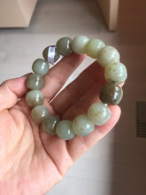 Load image into Gallery viewer, 14x13mm 100% Natural light green/gray/brown with brown flying dandelions vintage style nephrite Jade bead bracelet HE84
