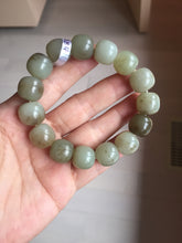 Load image into Gallery viewer, 14x13mm 100% Natural light green/gray/brown with brown flying dandelions vintage style nephrite Jade bead bracelet HE84
