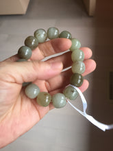 Load image into Gallery viewer, 14x13mm 100% Natural light green/gray/brown with brown flying dandelions vintage style nephrite Jade bead bracelet HE84