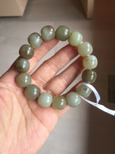 Load image into Gallery viewer, 14x13mm 100% Natural light green/gray/brown with brown flying dandelions vintage style nephrite Jade bead bracelet HE84