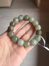 Load image into Gallery viewer, 14x13mm 100% Natural light green/gray/brown with brown flying dandelions vintage style nephrite Jade bead bracelet HE84