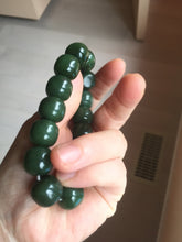 Load image into Gallery viewer, 14x13mm 100% Natural dark green/black/gray(碧玉) vintage style nephrite Jade bead bracelet HE109