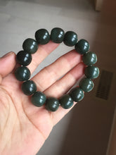Load image into Gallery viewer, 14x13mm 100% Natural dark green/black/gray vintage style nephrite Jade bead bracelet HE107