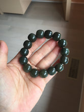 Load image into Gallery viewer, 14x13mm 100% Natural dark green/black/gray vintage style nephrite Jade bead bracelet HE107