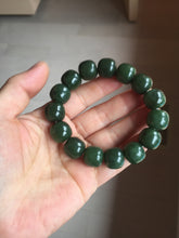 Load image into Gallery viewer, 14x13mm 100% Natural dark green/black/gray(碧玉) vintage style nephrite Jade bead bracelet HE106