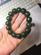Load image into Gallery viewer, 14x13mm 100% Natural dark green/black/gray(碧玉) vintage style nephrite Jade bead bracelet HE106