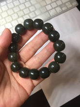 Load image into Gallery viewer, 14x13mm 100% Natural dark green/black/gray vintage style nephrite Jade bead bracelet HE107