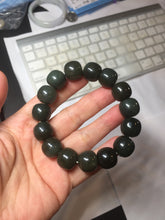 Load image into Gallery viewer, 14x13mm 100% Natural dark green/black/gray vintage style nephrite Jade bead bracelet HE107