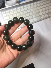 Load image into Gallery viewer, 14x13mm 100% Natural dark green/black/gray vintage style nephrite Jade bead bracelet HE107