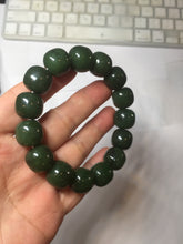 Load image into Gallery viewer, 14x13mm 100% Natural dark green/black/gray(碧玉) vintage style nephrite Jade bead bracelet HE109