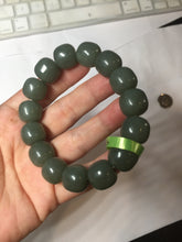 Load image into Gallery viewer, 14x13mm 100% Natural dark green/gray/black vintage style nephrite Jade bead bracelet HT12-5