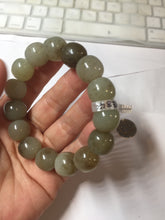 Load image into Gallery viewer, 14x13mm 100% Natural light green/gray/brown with brown flying dandelions vintage style nephrite Jade bead bracelet HE84