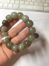 Load image into Gallery viewer, 14x13mm 100% Natural light green/gray/brown with brown flying dandelions vintage style nephrite Jade bead bracelet HE84