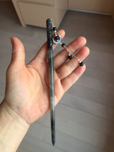 Load image into Gallery viewer, 18.5 cm 100% Natural gray black(灰冰) Bamboo-Style Xiu Jade (Serpentine) Hairpin with moon Hanging Ornament AW49