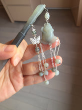 Load image into Gallery viewer, 17.5 cm 100% Natural Light yellow gray black(灰冰) Bamboo-Style Xiu Jade (Serpentine) Hairpin with rose Hanging Ornament AW46