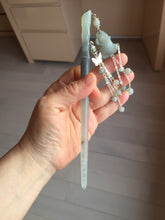 Load image into Gallery viewer, 17.5 cm 100% Natural Light yellow gray black(灰冰) Bamboo-Style Xiu Jade (Serpentine) Hairpin with rose Hanging Ornament AW46