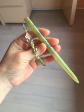 Load image into Gallery viewer, 15.5 cm 100% Natural Light Green/yellow Bamboo-Style Xiu Jade (Serpentine) Hairpin with fish tail Hanging Ornament AW45