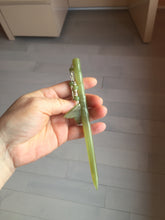Load image into Gallery viewer, 15.5 cm 100% Natural Light Green/yellow Bamboo-Style Xiu Jade (Serpentine) Hairpin with fish tail Hanging Ornament AW45
