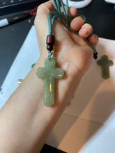Load image into Gallery viewer, 100% Natural type A light green/white/gray jadeite Jade Hand-held cross or cross pendant AY55