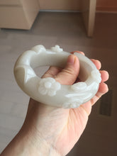 Load image into Gallery viewer, 59.5mm 100% natural white Pale sage gray Quartzite (Shetaicui jade) 3D carved cat ears/flowers/ingot bangle XY125