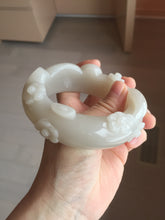 Load image into Gallery viewer, 59.5mm 100% natural white Pale sage gray Quartzite (Shetaicui jade) 3D carved cat ears/flowers/ingot bangle XY125