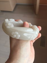 Load image into Gallery viewer, 59.5mm 100% natural white Pale sage gray Quartzite (Shetaicui jade) 3D carved cat ears/flowers/ingot bangle XY125