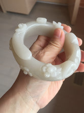 Load image into Gallery viewer, 59.5mm 100% natural white Pale sage gray Quartzite (Shetaicui jade) 3D carved cat ears/flowers/ingot bangle XY125