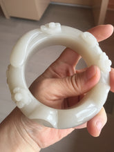 Load image into Gallery viewer, 59.5mm 100% natural white Pale sage gray Quartzite (Shetaicui jade) 3D carved cat ears/flowers/ingot bangle XY125