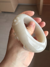 Load image into Gallery viewer, 59.5mm 100% natural white Pale sage gray Quartzite (Shetaicui jade) 3D carved cat ears/flowers/ingot bangle XY125