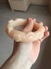 Load image into Gallery viewer, 61.5mm 100% natural pink orange Peach cream Quartzite (Shetaicui jade) 3D carved cat ears/flowers/ingot/bow bangle XY124