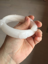 Load image into Gallery viewer, 59.5mm 100% natural pink white Quartzite (Shetaicui jade) 3D carved bunny ears/flowers/heart bangle XY123