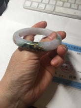 Load image into Gallery viewer, 54mm 100% Natural type A dark green purple white carved plum bossom and golden-painted Jadeite Jade bangle BP166-0266